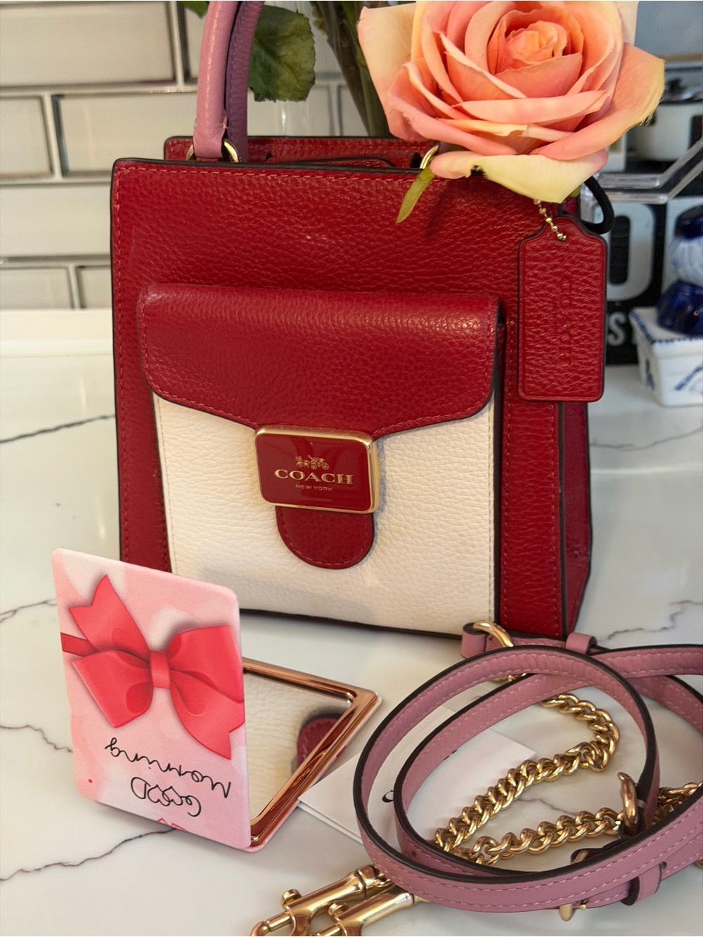 Coach Two-Tone Pink and Red Pebbled Leather Top-Handle Satchel